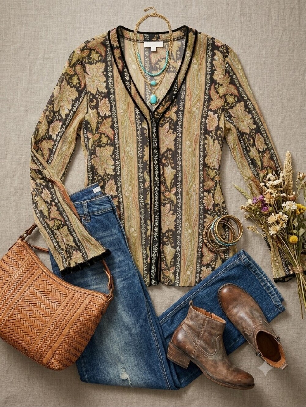 Vintage Claudia Richard Semi Sheer Floral Paisley Stripe Button Up Blouse